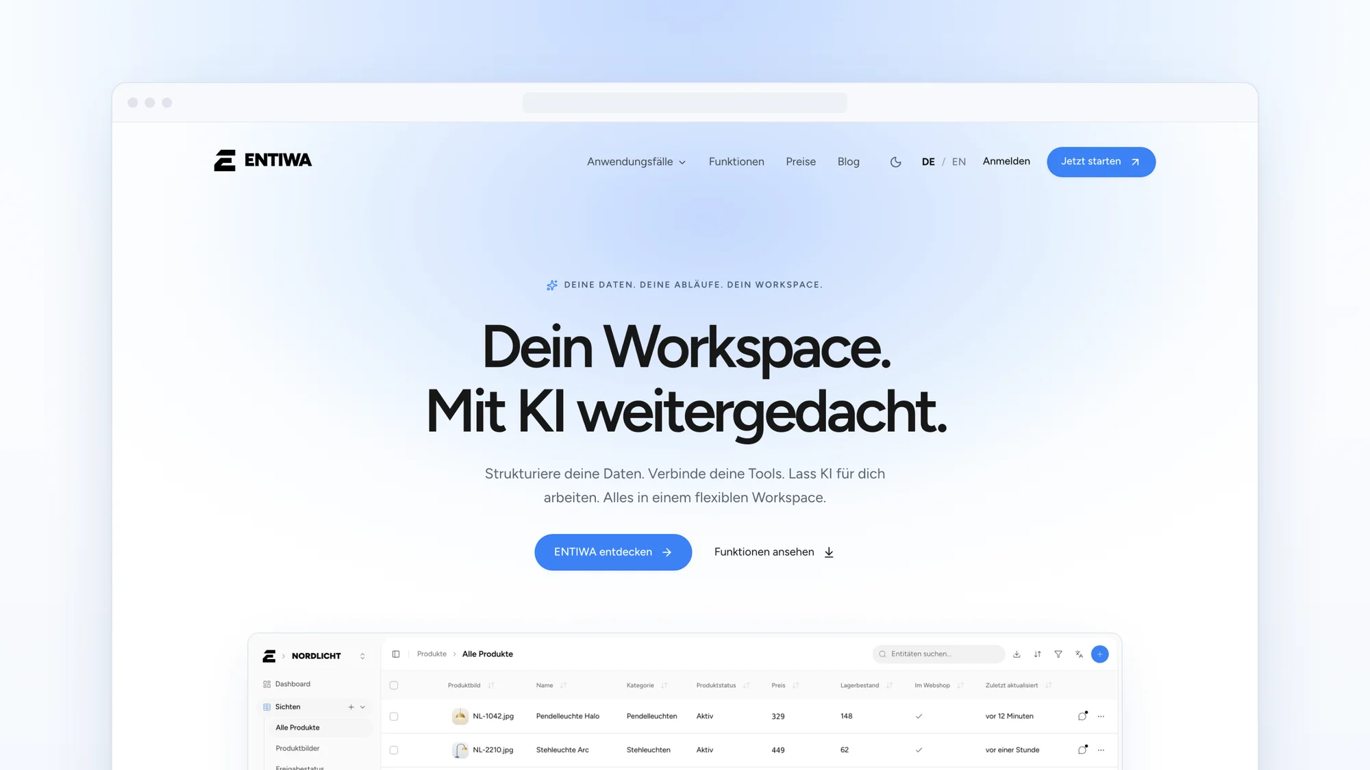 Startseite der neuen ENTIWA-Website mit der Überschrift „Dein Workspace. Mit KI weitergedacht.“ und der Tabellenansicht der App
