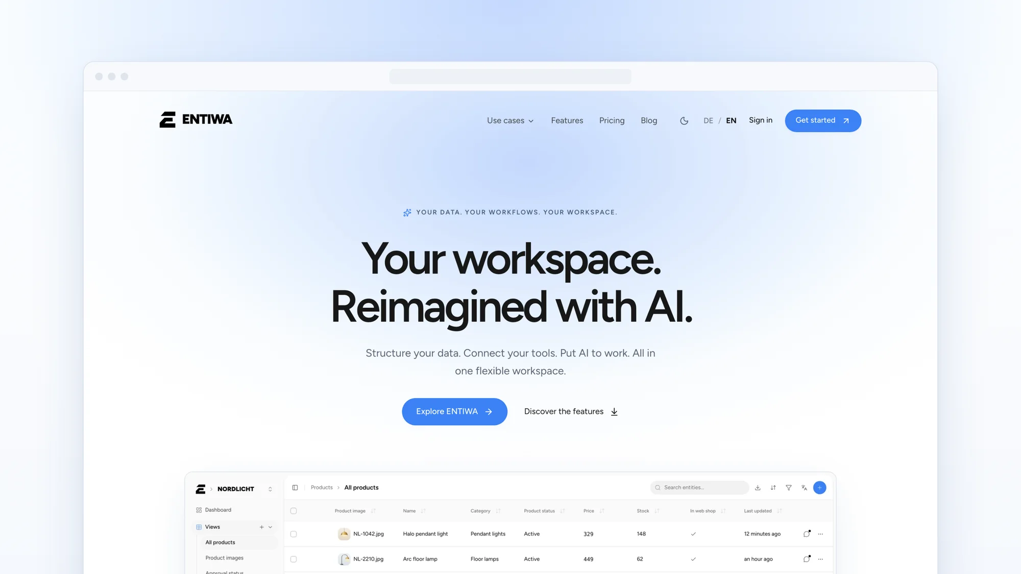 Homepage of the new ENTIWA website with the headline “Your workspace. Reimagined with AI.” and the app’s table view