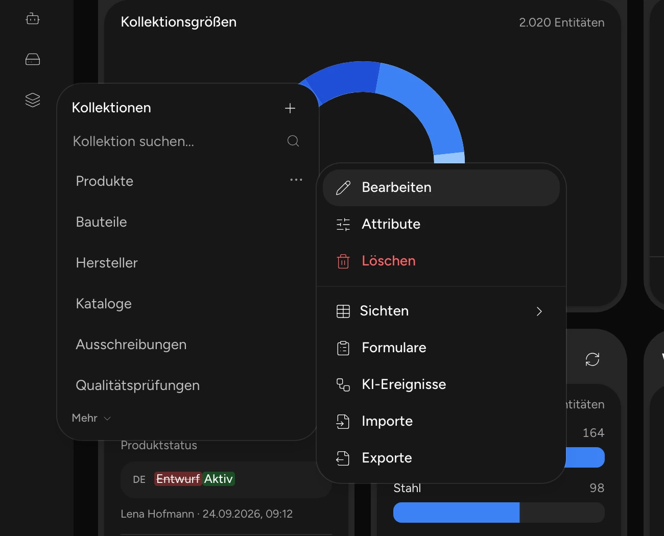 Kollektionsmenü in ENTIWA mit Aktionen für Attribute, Sichten, Formulare, KI-Ereignisse, Importe und Exporte