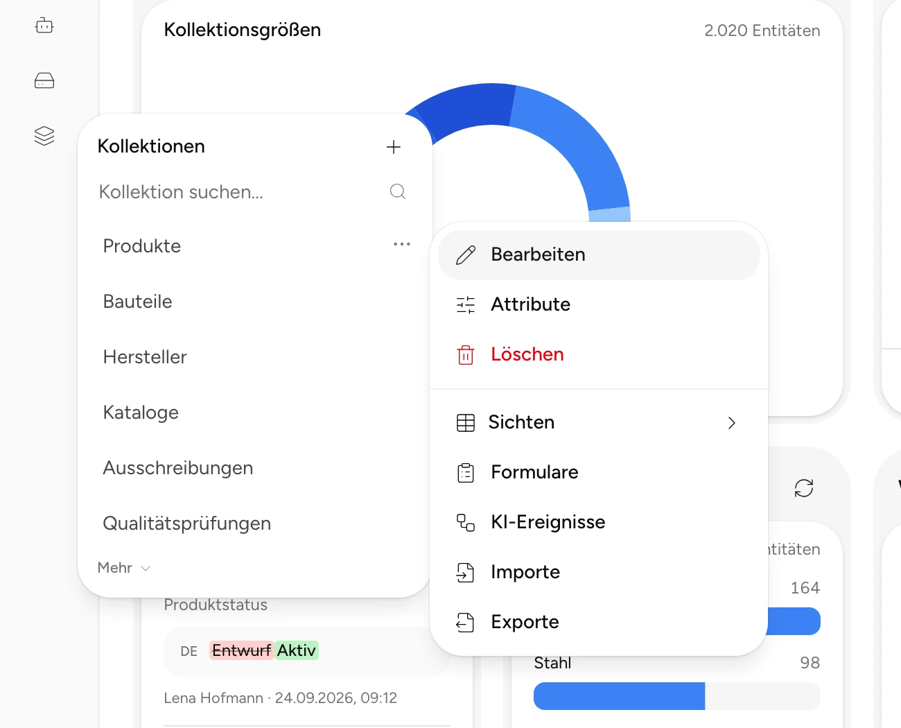 Kollektionsmenü in ENTIWA mit Aktionen für Attribute, Sichten, Formulare, KI-Ereignisse, Importe und Exporte