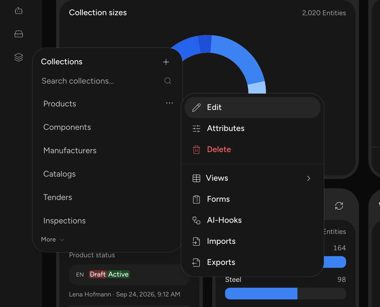 Collections menu in ENTIWA with actions for attributes, views, forms, AI hooks, imports and exports