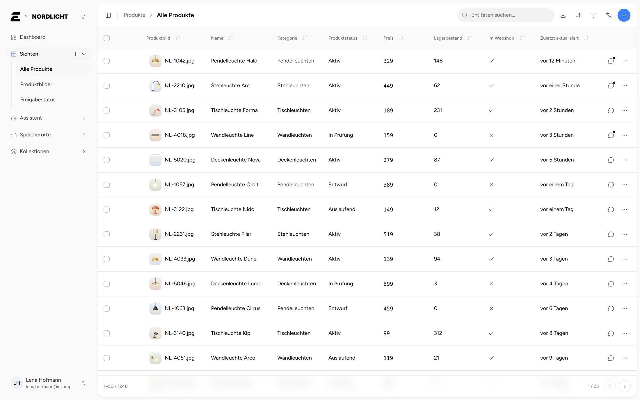 ENTIWA-Workspace mit der Tabellenansicht „Alle Produkte“: Produktbilder, Kategorien, Status, Preise und Lagerbestand