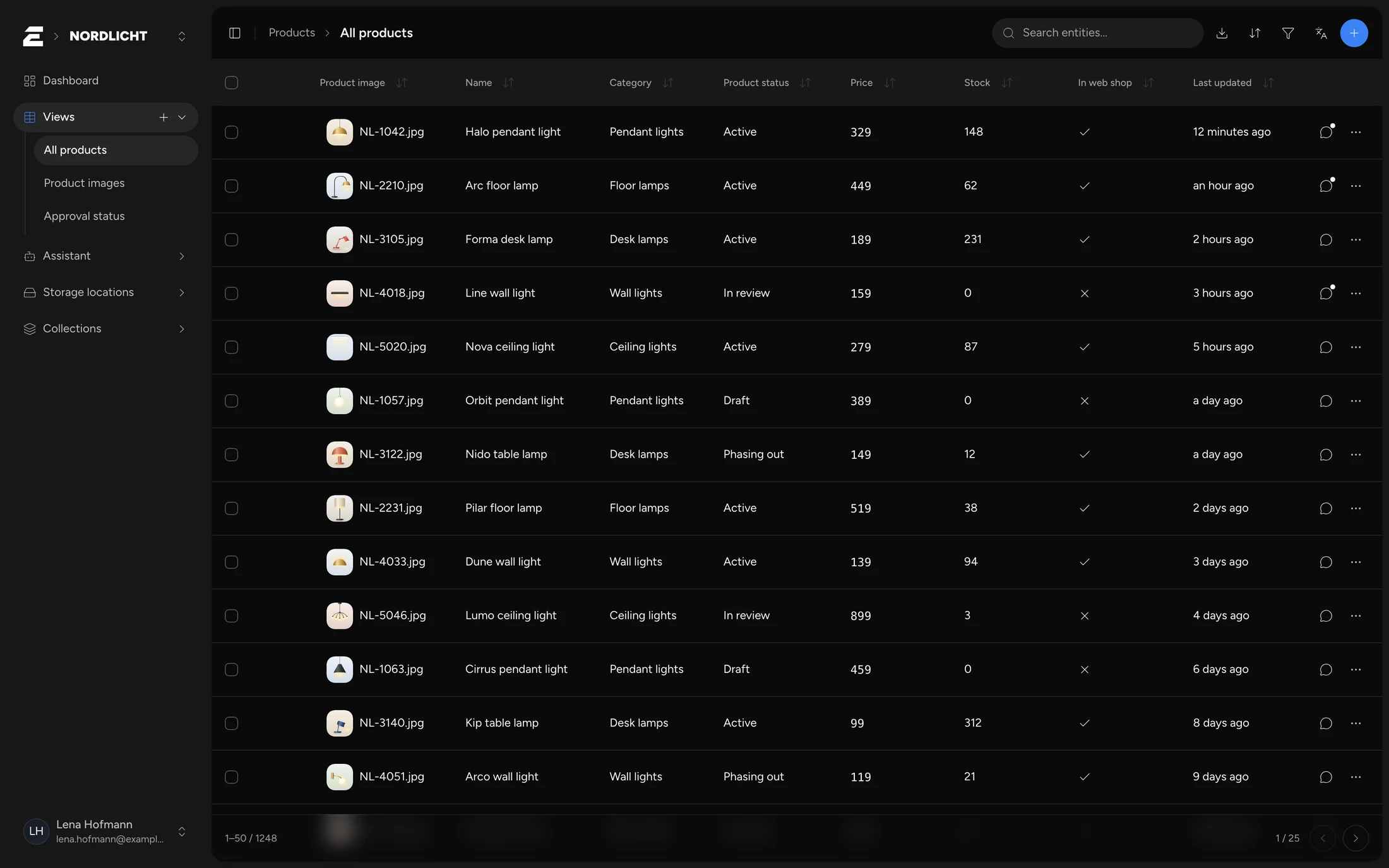 ENTIWA workspace with the “All products” table view: product images, categories, status, prices and stock