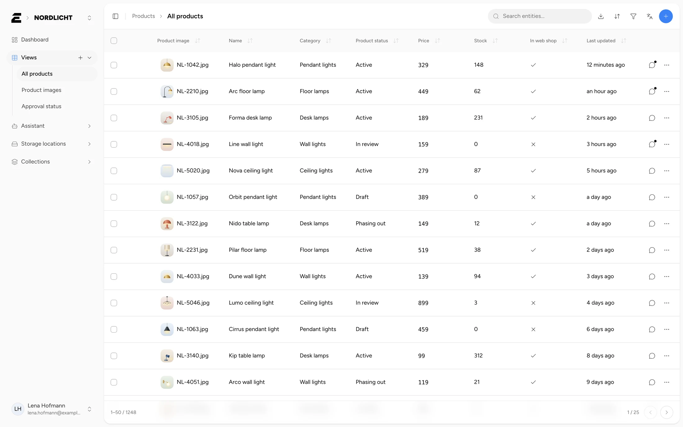 ENTIWA workspace with the “All products” table view: product images, categories, status, prices and stock